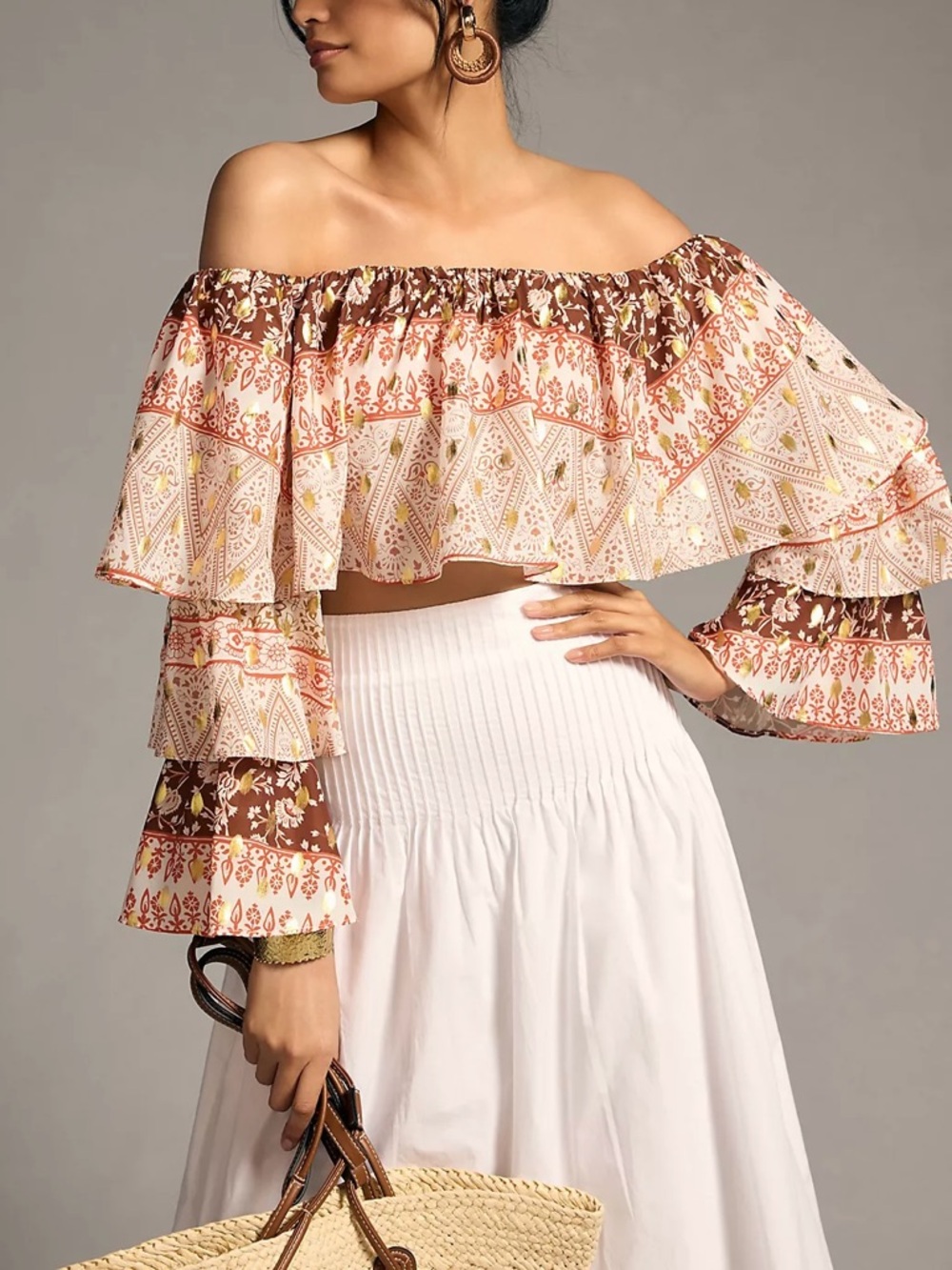 Mare Mare x Anthropologie Off Shoulder Crop Top Boho Floral Ruffle Sleeve Blouse